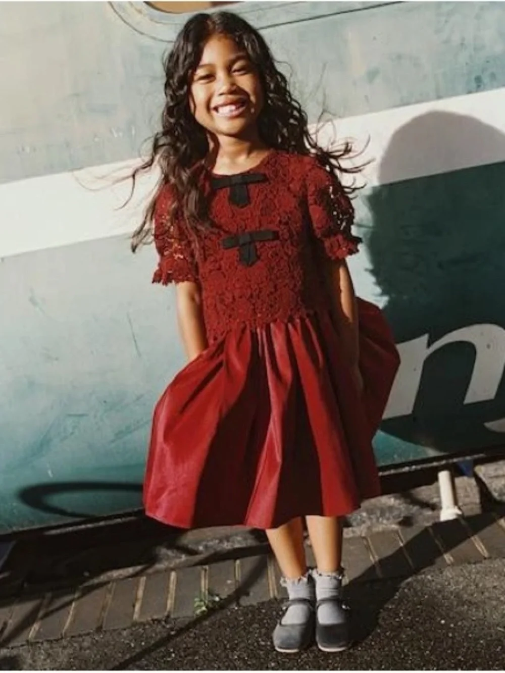 ❤️ Self-Portrait Guipure Lace Silk Dress | Burgundy | Girls 3–4Y ❤️